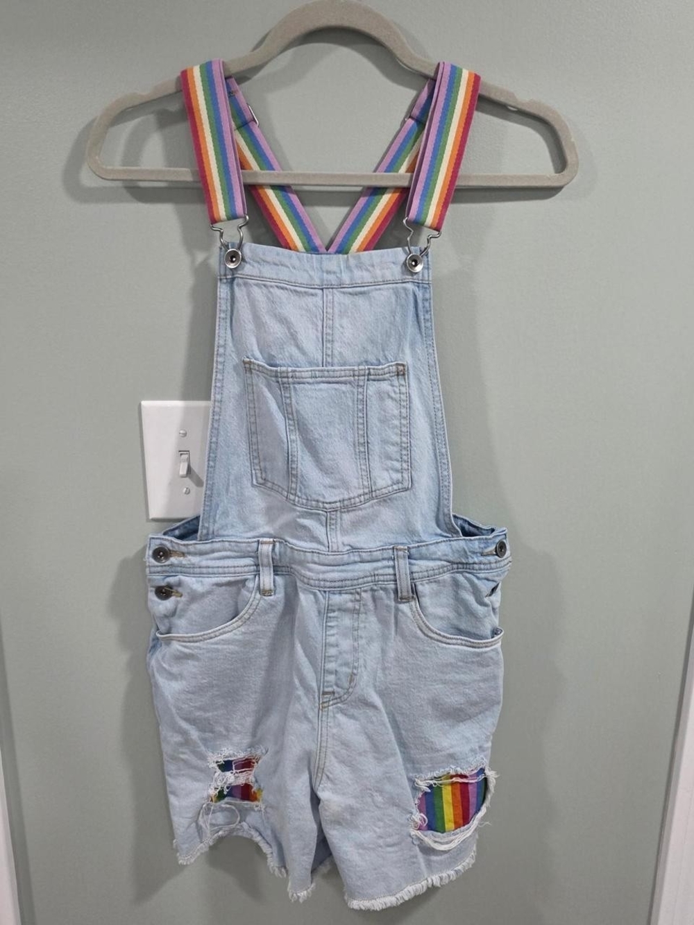 Target Light Wash Denim Short Overalls with Rainbow Straps